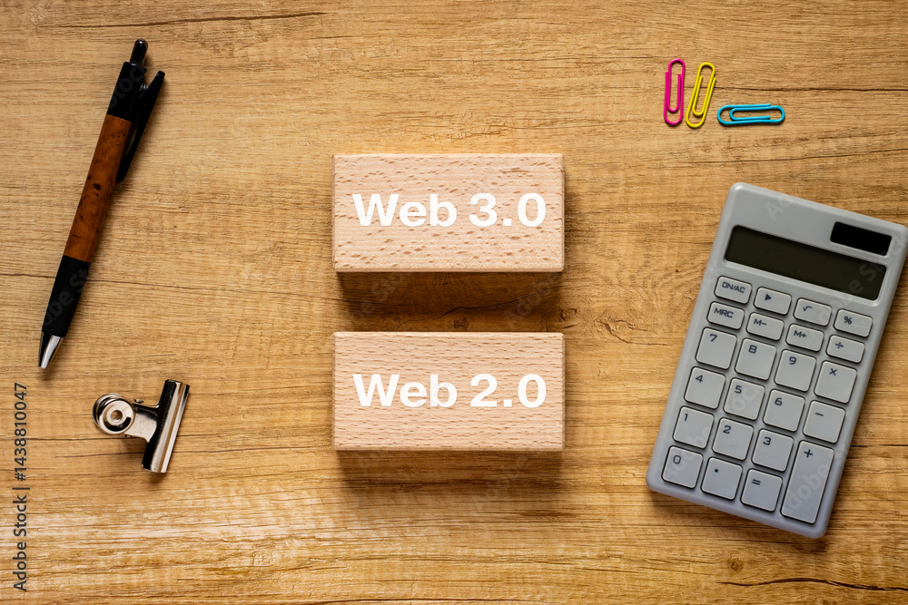 Poster there is wood block with the word web3.0 or web2.0. it is as an eye-catching image.