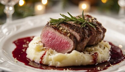 Sliced steak with mashed potatoes and red wine reduction