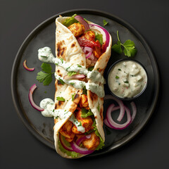  Chicken Shawarma wrap with onions, vegetables, and herbs in pita bread, served on black plate with sauce