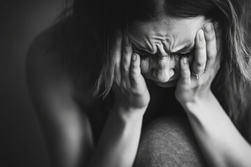 Fototapeta premium Black and white emotional portrait of crying woman covering her face