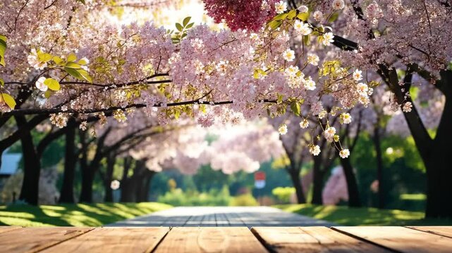 An empty wooden table, a serene canvas, with a blurred sakura tree garden, Ai Generated.