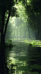 Obraz premium Flooded Forest Path with Lily Pads