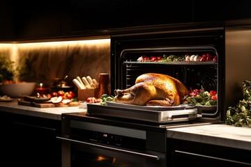 Delicious roasted turkey in modern oven with golden crispy skin festive meal