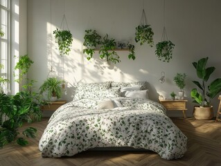 Bedroom with green bedding and many plants