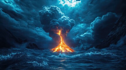 A volcano erupting in the ocean