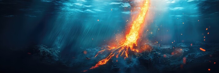 A volcano erupts in the ocean, sending a fiery stream of lava into the water