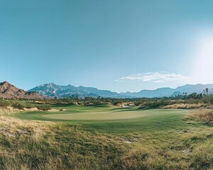 Obraz premium Golf Course Fairway and Mountain Landscape