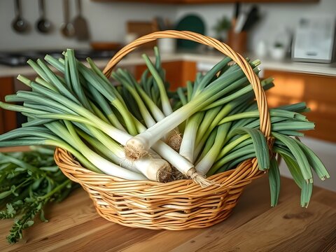 Basket of leeks on kitchen table.