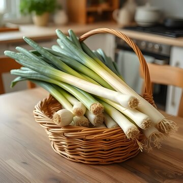 Basket of leeks on kitchen table.