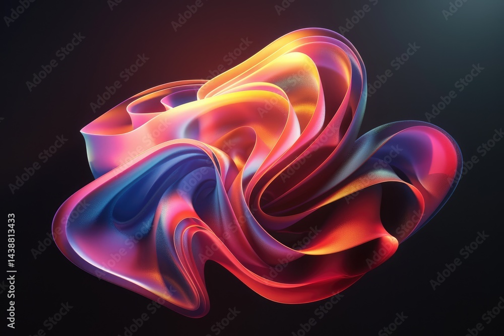 Poster the close up abstract picture of the gradient iridescent shape with the blank black background, irid