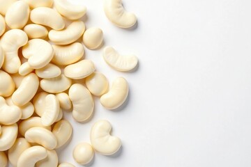 Scattered white beans against pure white backdrop, organic, agriculture, overhead