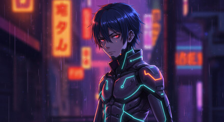 Obraz premium A cyberpunk anime character stands in the rain, illuminated by neon lights and futuristic armor.