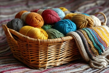 Colorful Yarn Balls Overflowing from a Wicker Basket Alongside Finished Knitted Scarf Resting on Striped Woven Textile