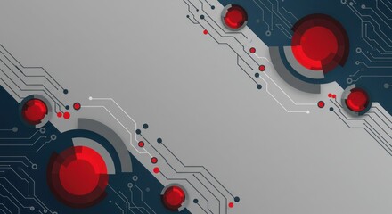 Obraz premium Abstract background with circuit board pattern red circles and gray shapes.