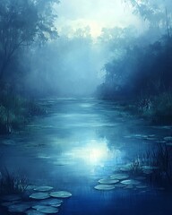 Misty Blue Lake with Lily Pads and Trees