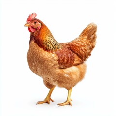 Fototapeta premium A charming village chicken in vibrant colors, perched against a clean white backdrop, showcasing its rustic charm.
