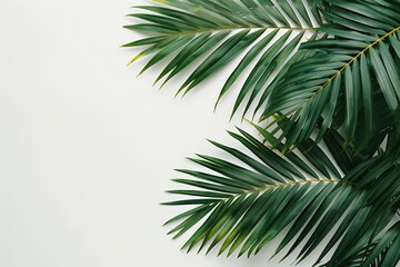 Green palm leaves on a white wooden background. Background image of green tropical leaves with white texture. Flat lay tropical composition with copy space. Botanical wallpaper design concept. AIG51.