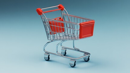 Red shopping cart, blue background, online shopping, e-commerce