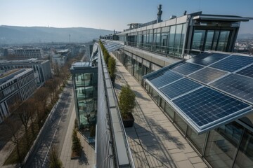 Fototapeta premium Rooftop solar panel installation on modern building providing sustainable energy for office spaces, city skyline view
