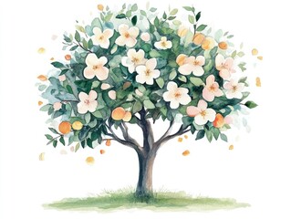 Fototapeta premium Watercolor illustration of a blossoming fruit tree with oranges and peach-colored flowers