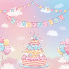 A charming, pastel-colored birthday illustration featuring a multi-tiered cake, balloons, and festive bunting.