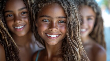 Happy girls beach portrait, summer fun, friendship