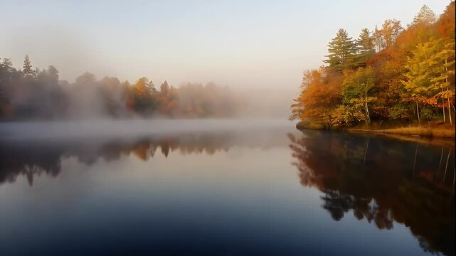 Misty Autumn Lake Reflection at Sunrise