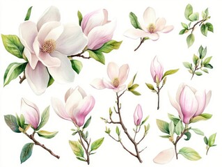 Collection of magnolia blossoms and leaves in various stages of bloom
