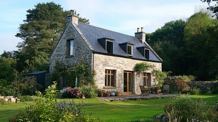 Stone cottage exterior. Cottage garden with lawn. Quiet house with green trees. Cozy home and flowers. Simple rural building at daytime.