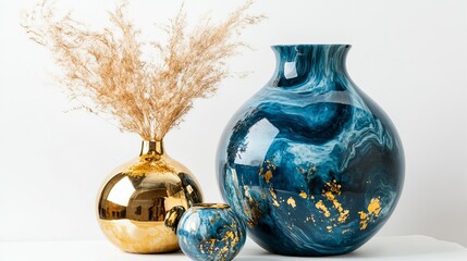 Elegant Blue Gold Marble Vases Modern Home Decor Set Stylish Tabletop Arrangement Decorative Glass Vessels Luxury Interior Design Accent Pieces Beautiful Artistic Ceramic Flower Pot Aqua Teal Room    
