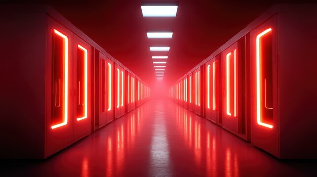 A cybernetic server room illuminated by red neon lights, showcasing cuttingedge technology and robust data security.