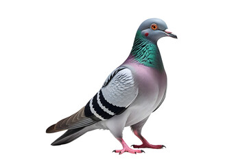 Single Feral Pigeon Isolated on White for Urban Wildlife Concepts: Grey Bird with Iridescent Neck Imagery: Pigeon, Feral, Isolated, White, Bird, Wildlife, Urban, Grey, IridescenT PNG.