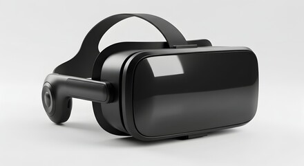 High-resolution image of a modern black VR headset with reflective lenses, placed on a white background