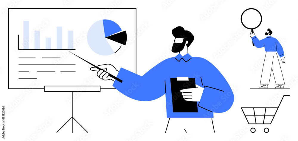 Poster person presenting data with a pointer near a board featuring charts. another figure pushes a shoppin