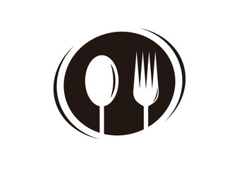 Black round shape with spoon and fork vector silhouette on white background. Spoon and fork icon sign illustration design.