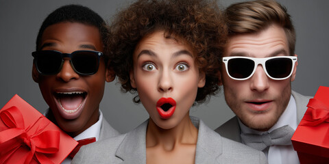 Drei junge Menschen mit Sonnenbrillen und erstauntem Gesichtsausdruck