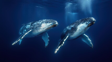 Two gentle whales swim together. Peaceful ocean scene. Deep blue sea water with light rays. Marine life in natural habitat.
