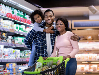Portrait of positive black family with shopping cart smiling and looking at camera at modern...