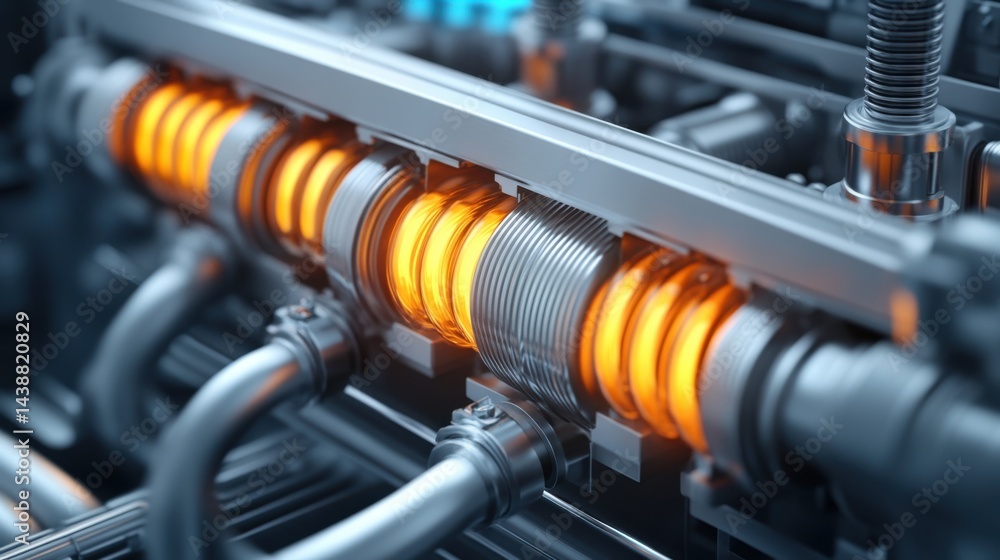 Poster close-up view of industrial machine components with glowing elements