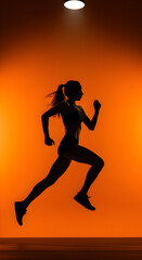 Female Runner in Silhouette Leaping with Orange Background and Spotlight