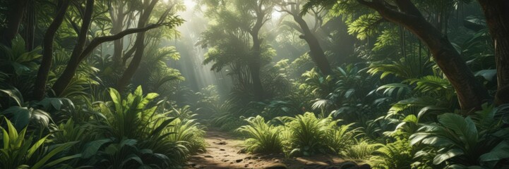 Naklejka premium Lush green tropical undergrowth, sunlight dappled , ecology, flora