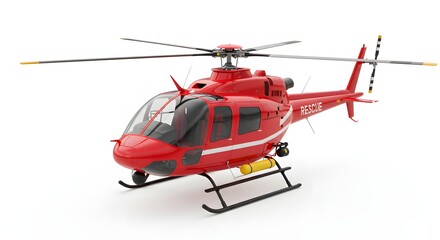 Realistic 3D render of a red rescue helicopter, isolated on a white background.