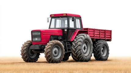 Obraz premium Classic red tractor with flatbed trailer parked on harvested field rustic farming equipment rural agriculture machine symbolizing traditional farming lifestyle countryside machinery food production