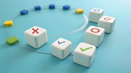 Decision Making Elements: A stylized image features small, white cubes, each displaying a distinct symbol, meticulously arranged in a circular pattern.