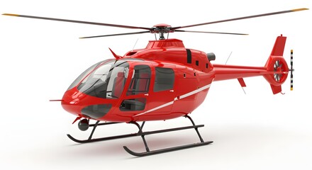 Realistic 3D render of a red rescue helicopter, isolated on a white background.