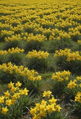 Obraz premium A carpet of cheerful yellow daffodils blankets a verdant field bathed in sunlight , vibrant, botany, sunlit daffodils