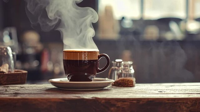 Steaming coffee cup in rustic cafe ambience with gentle movement