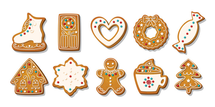 Christmas Gingerbread cookies for celebrating xmas. Winter homemade cakes in festive shapes isolated on white background. Cute childish cartoon vector illustration