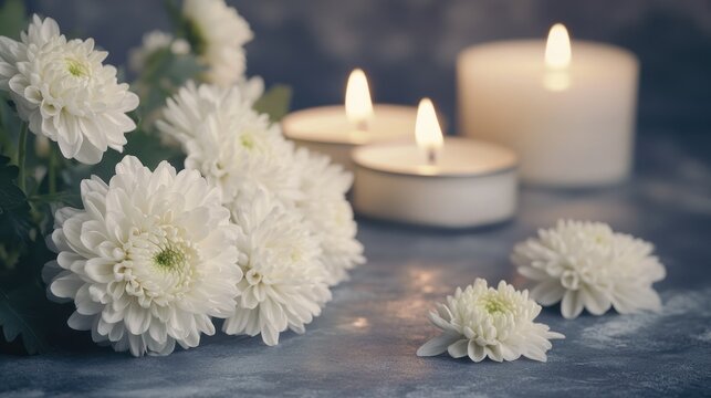 White flowers with candles offer solace, sympathy, remembering a loved one