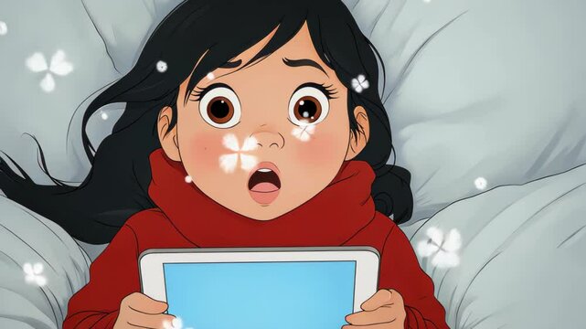 A girl relaxes on her bed, absorbed in her iPad, enjoying colorful cartoons that bring her imagination to life.